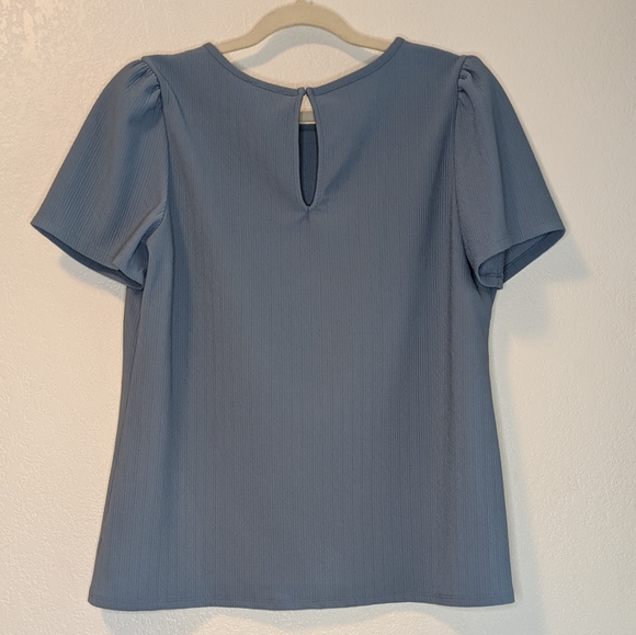 Express Blue Puff Sleeve Ribbed Textured Blouse - Picture 2 of 6